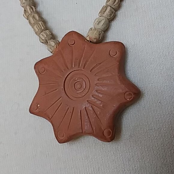 Terra Cotta Clay Sun Festival Style Necklace w/ Seeds and Sea Shells Boho - Picture 2 of 6